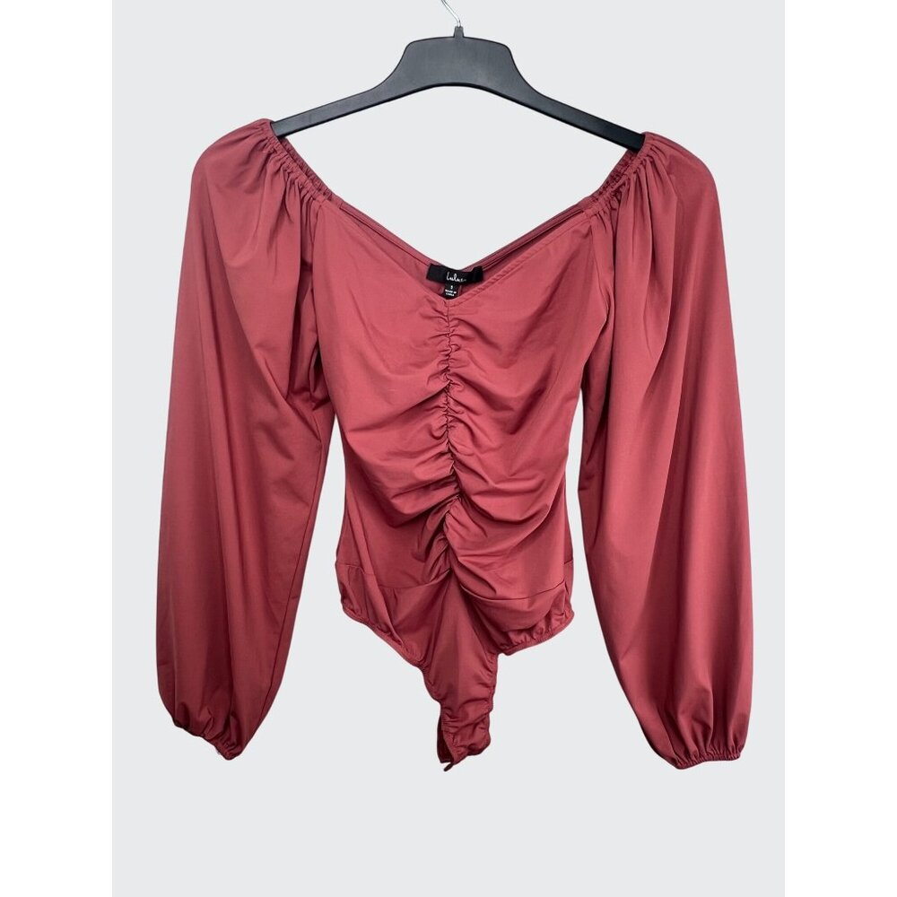 Lulus Certified Flirt Rusty Rose Ruched Long Sleeve Thong Bodysuit Size Small - Picture 2 of 13